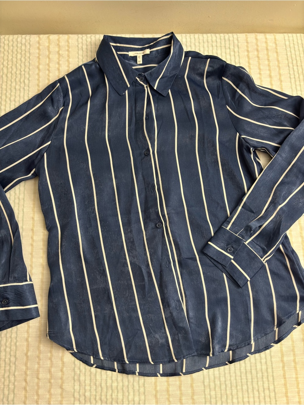 Maurices Navy and Cream Vertical Stripe Button-Up Blouse